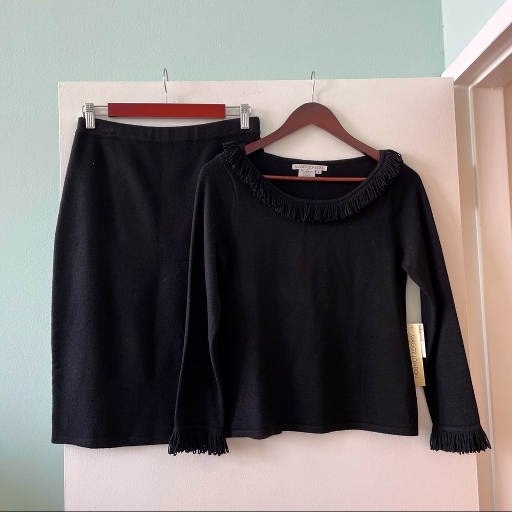 NWT Maggy London black wool fringe sweater top & skirt set